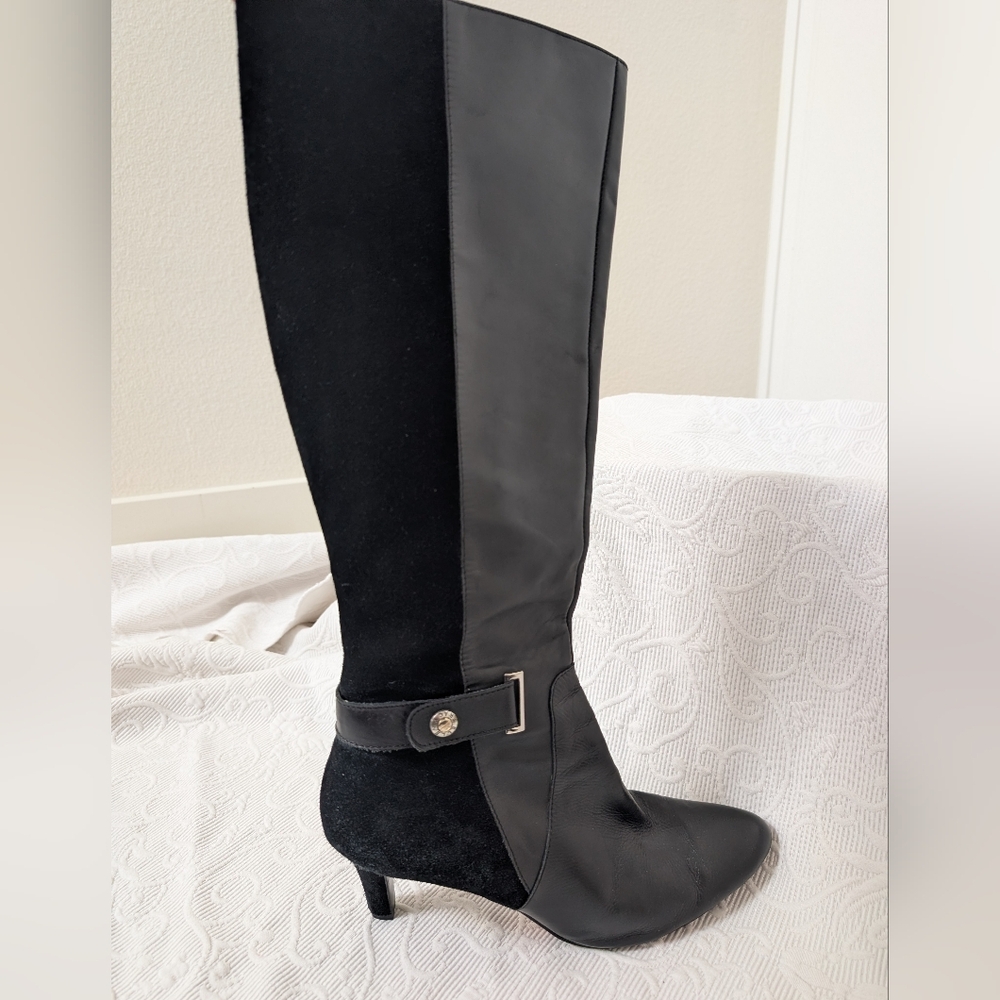 Ellen Tracy Black Leather & Suede Knee-High Heeled Boots | Size 11